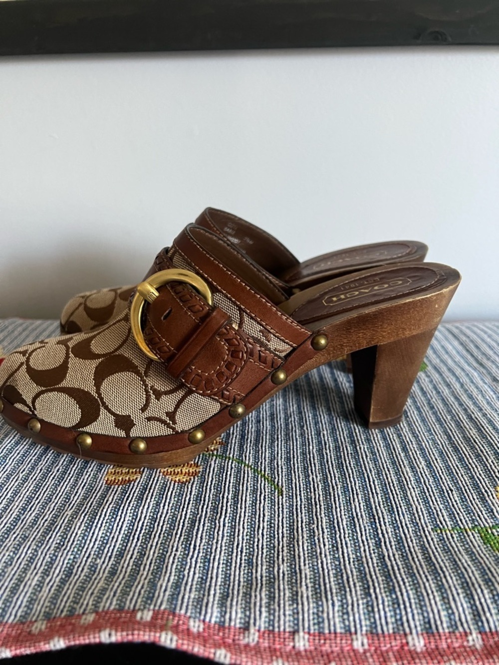 Coach Tan and Brown Signature Clog Mules with Brass Buckle 7.5 - Picture 6 of 11